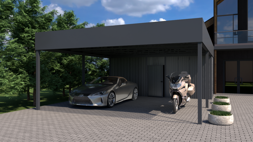 Навесы с плоской крышей 6×8 для двух автомобилей с хозяйственным помещением