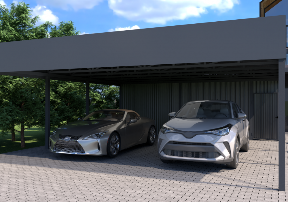 Навес с плоской крышей 7×9,5 для двух автомобилей с хозяйственным помещением