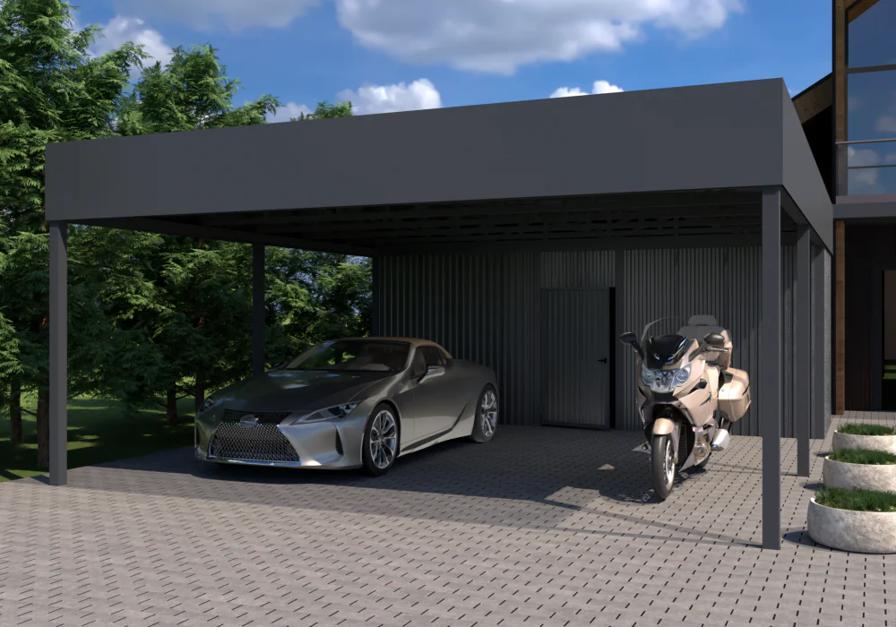 Навесы с плоской крышей 6×8 для двух автомобилей с хозяйственным помещением