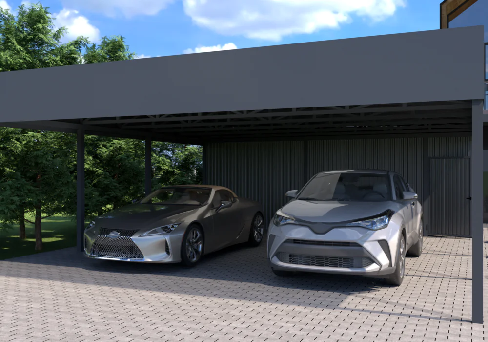 Навес с плоской крышей 7×9,5 для двух автомобилей с хозяйственным помещением
